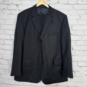 Linea Uomo Men's Black Pinstripe 100% Wool Jacket Pants Suit 46R 40x28‎ 3 Button